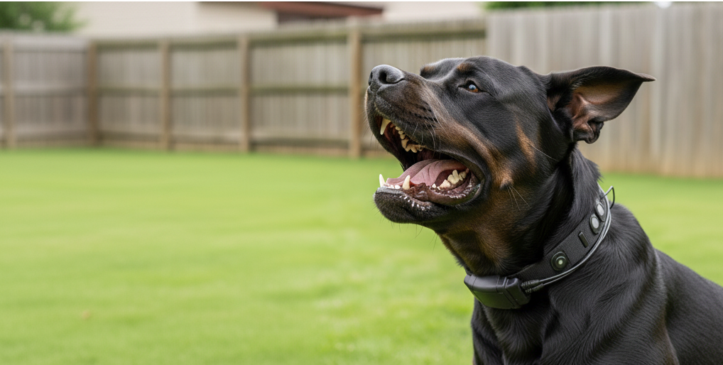 A dog wearing a bark collar on his neck