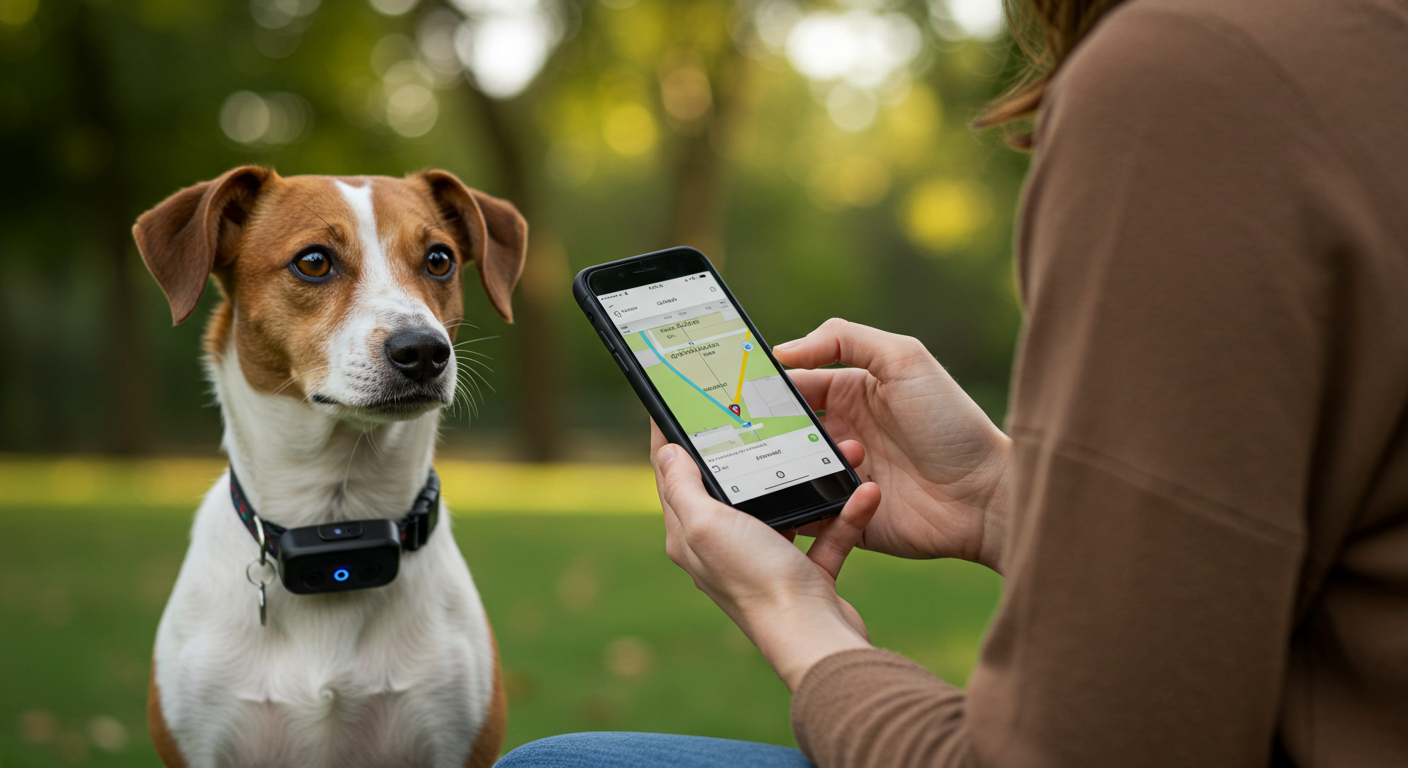 A dog waering a gps collar that operate by mobile phone