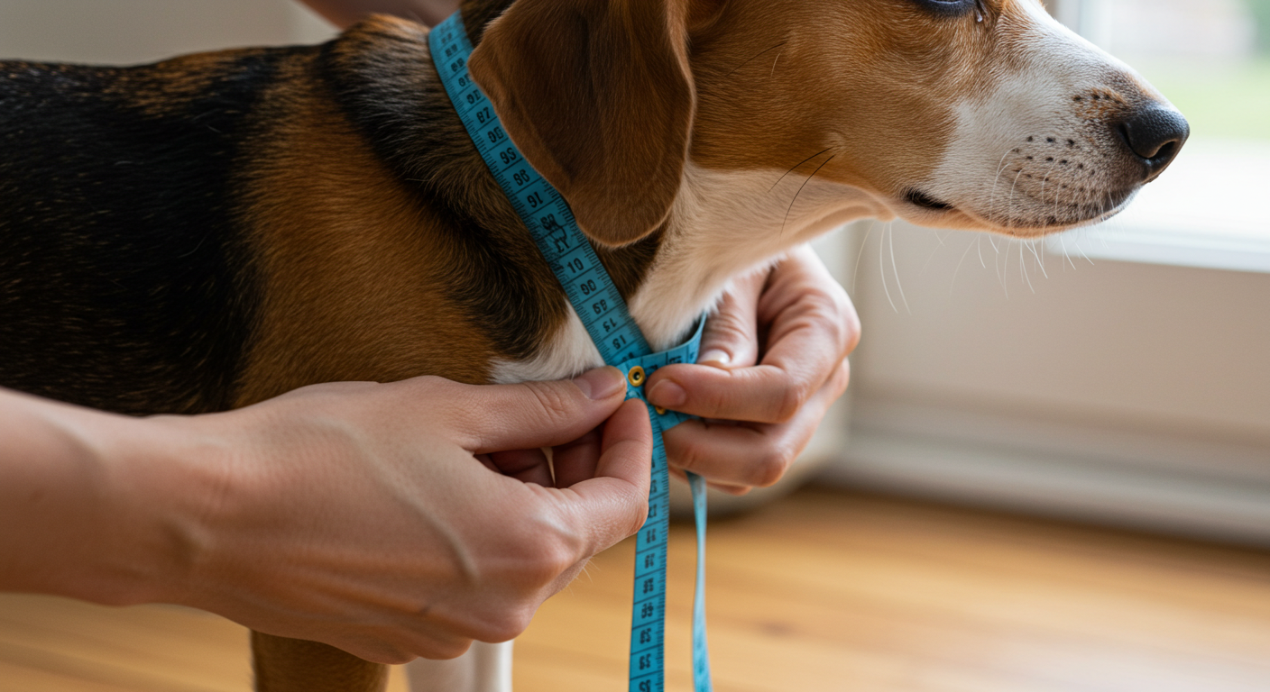A person is measuring dog's neck for collar
