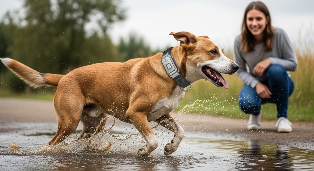 A girl watching her dog wearing a dog collar running through a muddy puddle.