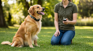 A girl holding a remote to train a dog with e collar