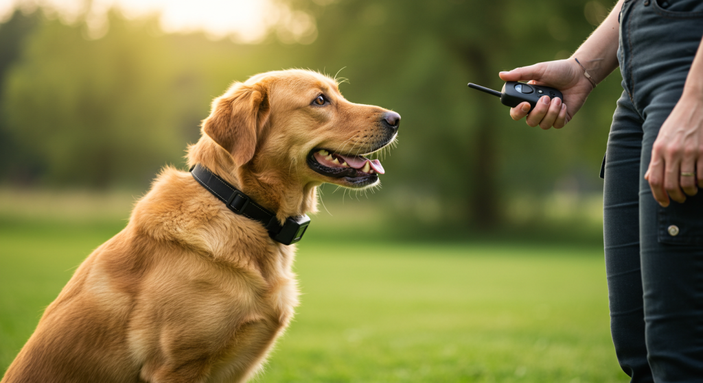 A dog waering a e collar and a owner holding a remote to train a dog 