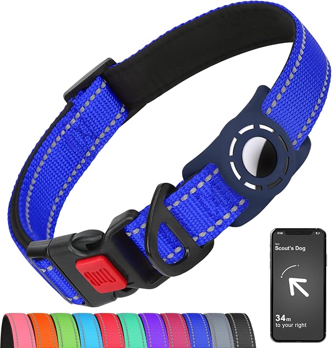 Blue reflective nylon dog collar with a dark blue silicone AirTag holder and quick-release buckle
