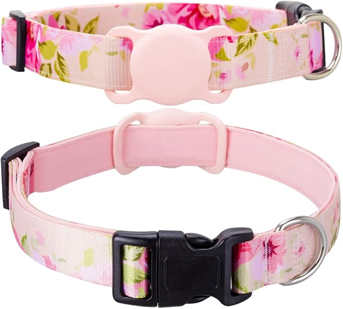 Pink floral pet collar with integrated light pink AirTag holder shown in two different views