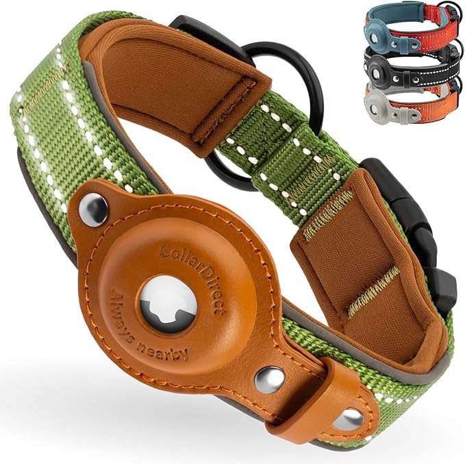 Green reflective dog collar with brown leather AirTag holder, one of the Best AirTag Dog Collars