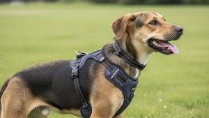 Image of a happy, mixed-breed dog wearing a dark blue mesh harness standing in a grassy field. Relevant for guides on 'How to put on a dog harness