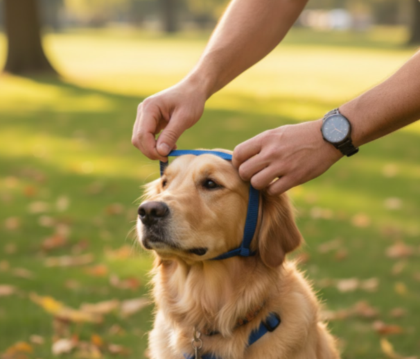 Man putting dog harness on Golden Retriever. How to put on a dog harness safely