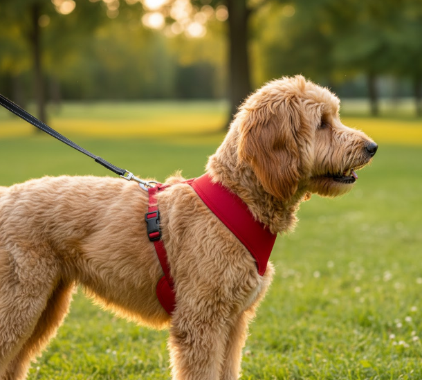 Back-clip dog harness in red on a Goldendoodle. Comfortable harness for calm dogs and outdoor walks.
