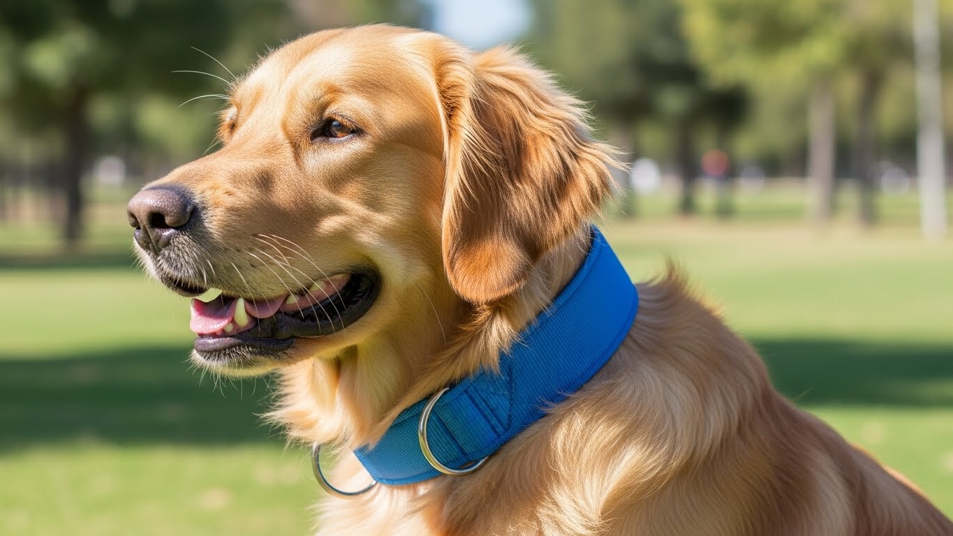 Photo of a happy Golden Retriever wearing a wide, bright blue nylon collar with a silver metal D-ring, highlighting the Best Nylon Dog Collar for large breeds.