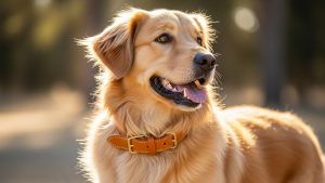 Close-up outdoor portrait of a happy Golden Retriever wearing a classic brown leather collar with a brass buckle, showcasing a popular style for the Best Dog Collar for Golden