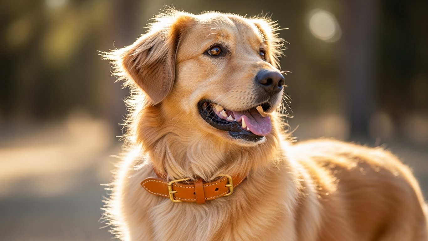 Close-up outdoor portrait of a happy Golden Retriever wearing a classic brown leather collar with a brass buckle, showcasing a popular style for the Best Dog Collar for Golden