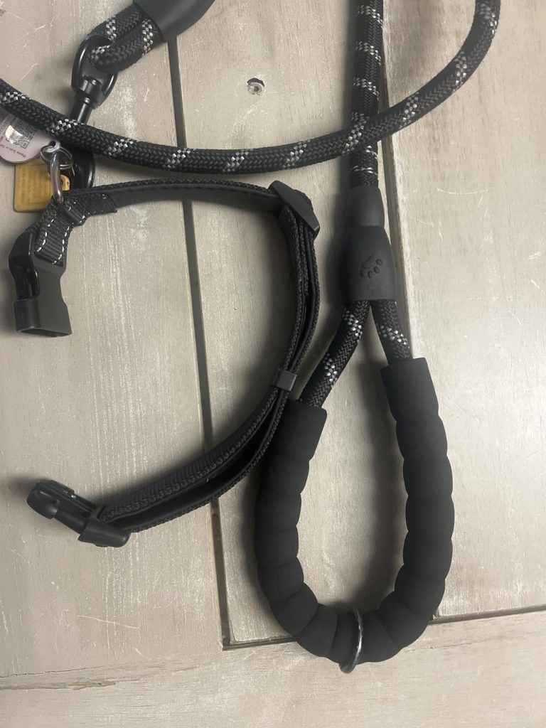 A matching set of Ladoogo reflective black rope leash with a foam handle and an adjustable black nylon dog collar with a plastic buckle