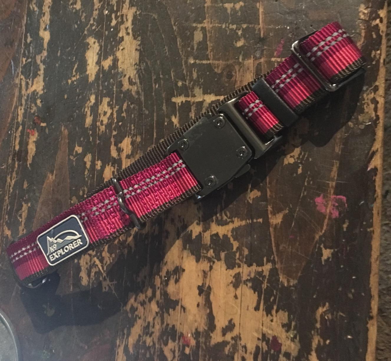 K9 Explorer dog collar in red and black webbing with a reflective stripe and metal buckle, suitable as a Best Dog Collar for Golden Retriever.